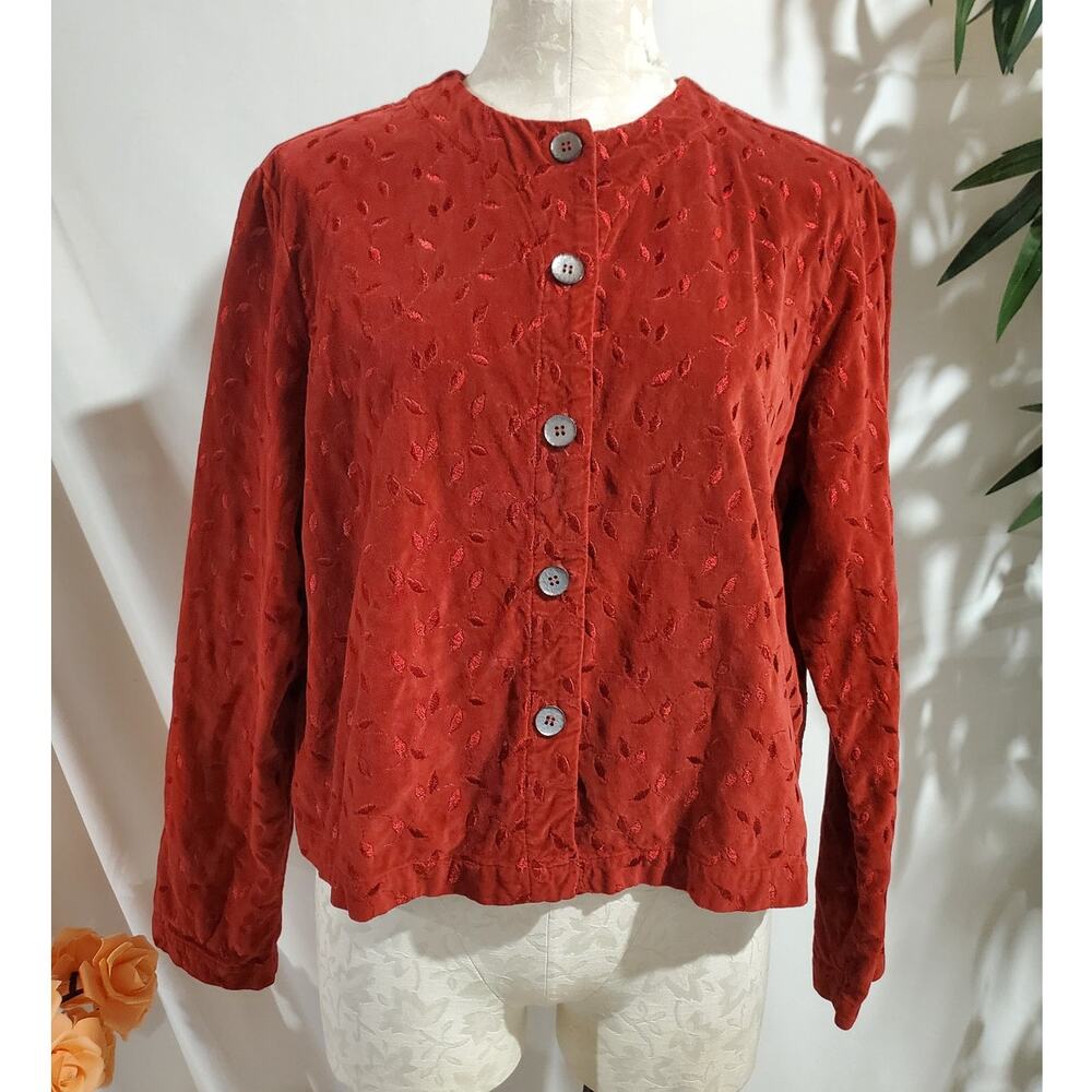 Vtg Cut Loose Embroidered Leaf Velour Button Jacket Size M Red Whimsy Boho 90s